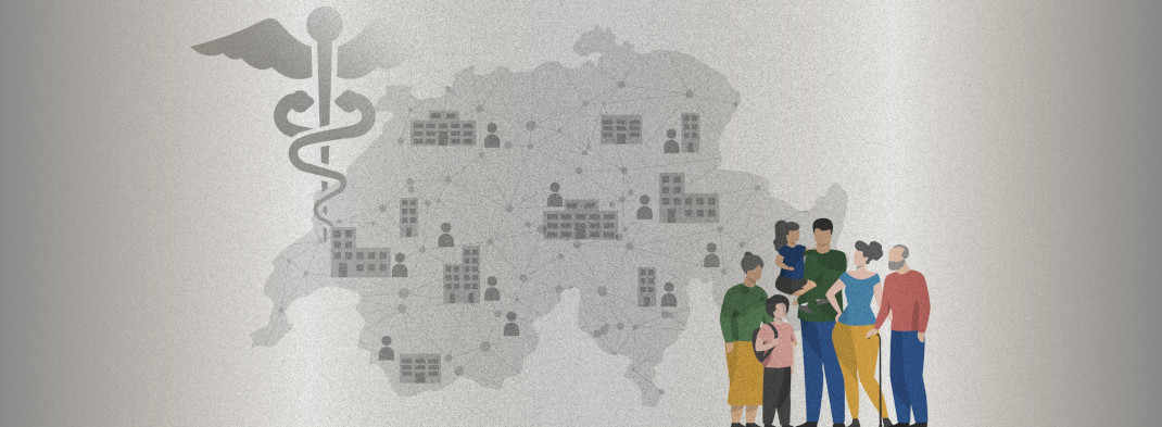 Image symbolique de la section Politique nationale de la santé. Carte de la Suisse avec bâton d'Esculape et famille au premier plan.