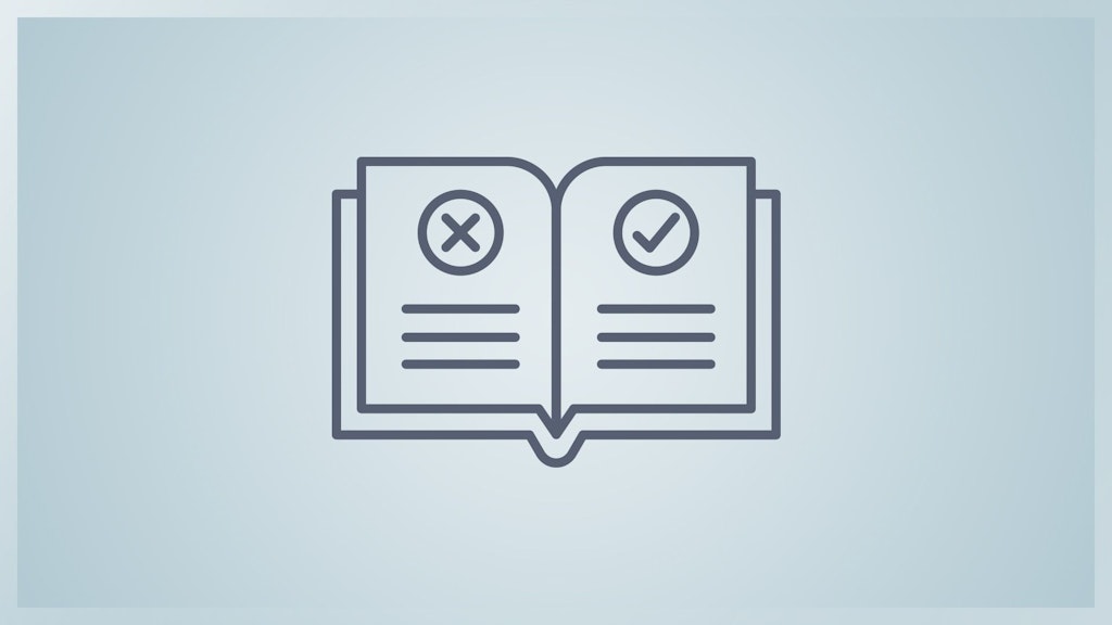 Icon eines offenen Buches mit Häkchen und Kreuz