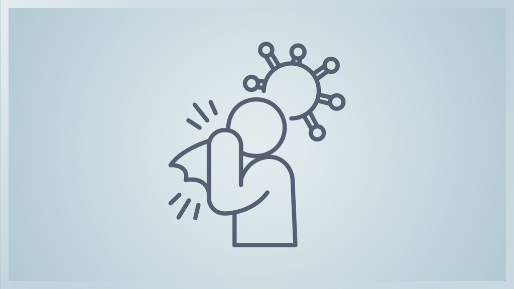 Icon eines Menschen, der sich die Nase putzt vor einem Grippevirus.
