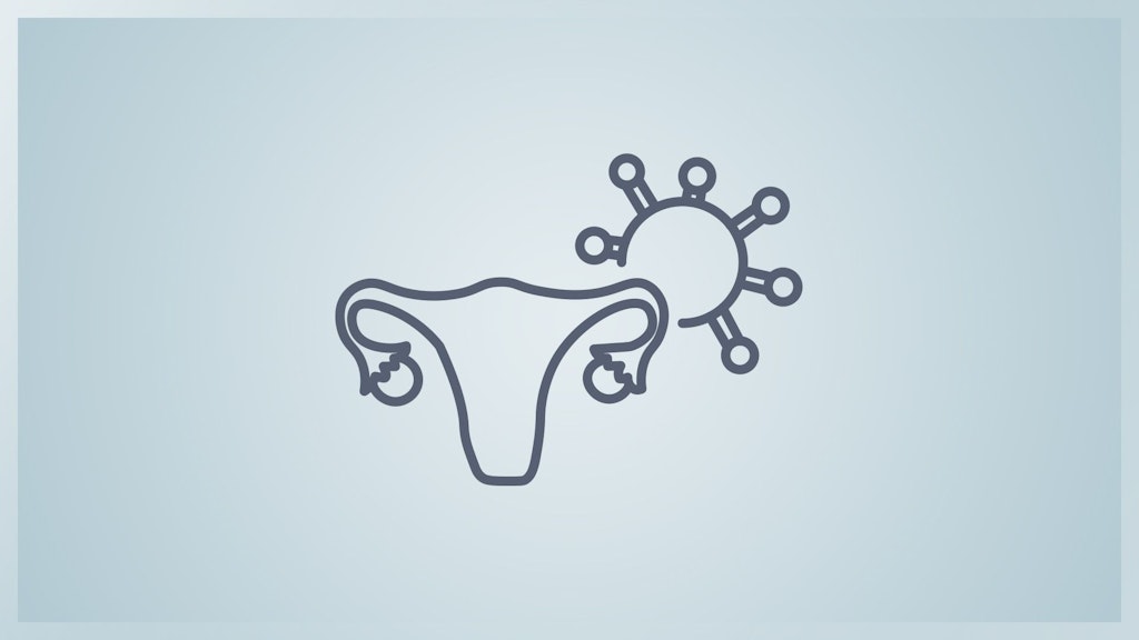 Icon eines weiblichen Reproduktionssystems vor einem Virus