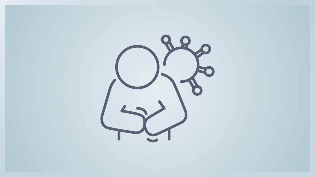 Person, die sich den Bauch hält vor einem Virus.