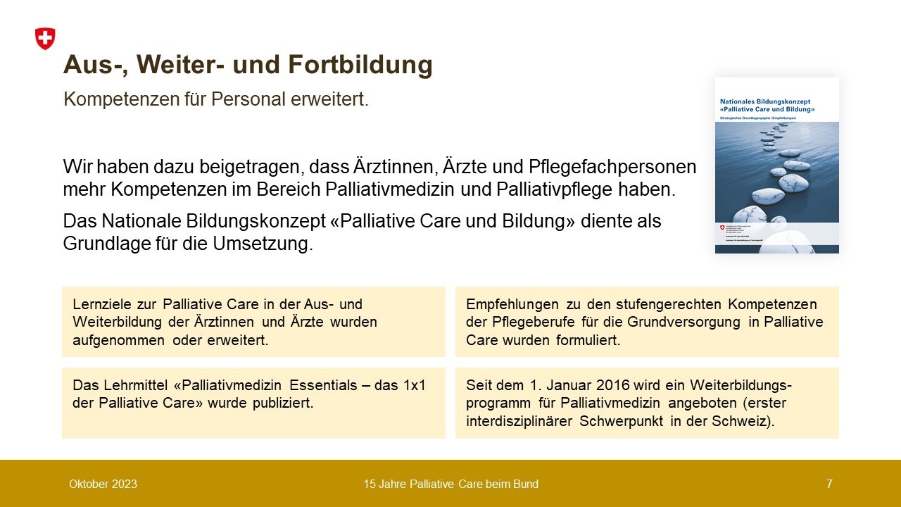 Wir haben dazu beigetragen, dass Ärztinnen, Ärzte und Pflegefachpersonen mehr Kompetenzen im Bereich Palliativmedizin und Palliativpflege haben. Das Nationale Bildungskonzept «Palliative Care und Bildung» diente als Grundlage für die Umsetzung.