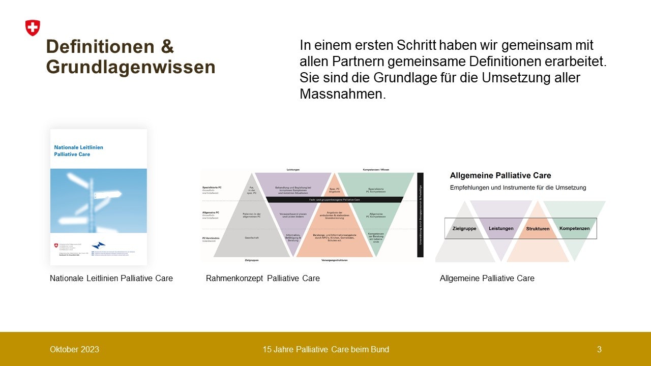 Mit Partnern wurden gemeinsam Definitionen erarbeitet. Sie sind die Grundlage für die Umsetzung aller Massnahmen, z.B. Nationale Leitlinien Palliative Care, Rahmenkonzept Palliative Care, Empfehlungen und Instrumente für die allgemeine Palliative Care.