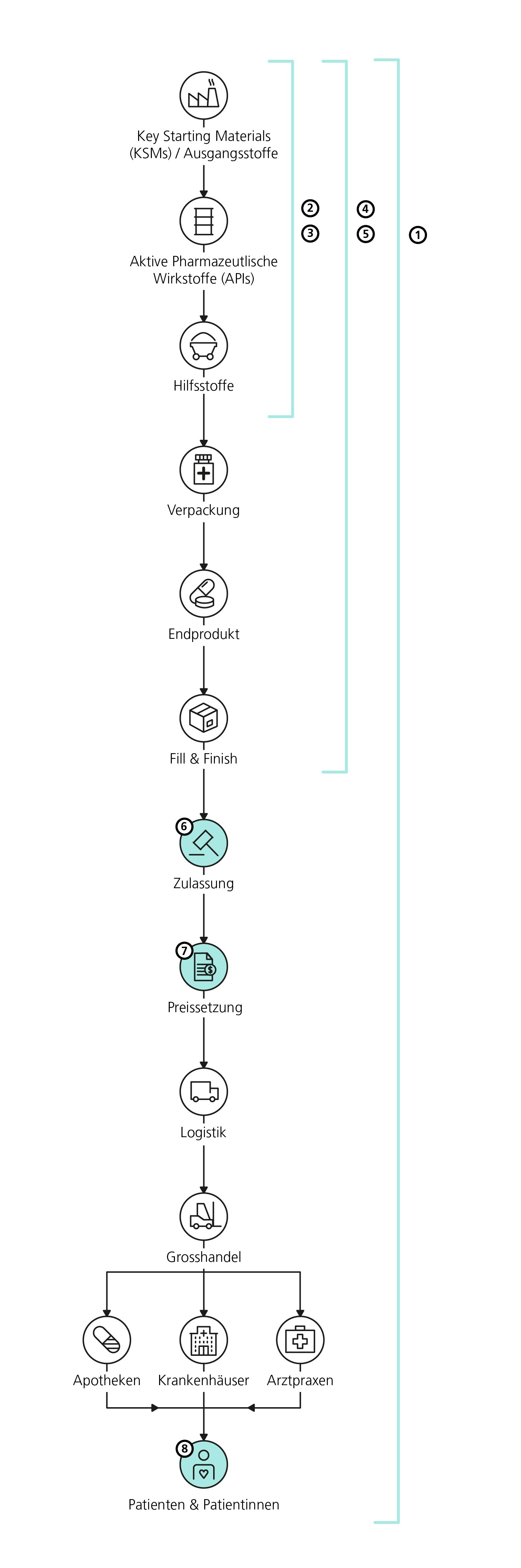 Die vertikale Abbildung zeigt die Supply Chain (Versorgungskette) von Arzneimitteln, die in 12 Teilschritte von oben nach unten unterteilt ist. Die Icons der Teilschritte werden nacheinander aufgeführt: 1. Ausgangsstoffe (KSMs), 2. Aktive Pharmazeutische Wirkstoffe (APIs), 3. Hilfsstoffe, 4. Verpackung, 5. Endprodukt, 6. Abfüllen und Abfertigen, 7. Zulassung, 8. Preissetzung, 9. Logistik, 10. Grosshandel, 11. Apotheken, Krankenhäuser und Arztpraxen (sind auf der gleichen Ebene), 12. Patientinnen und Patienten  In der Grafik sind Nummern angezeigt, die die Schritte kennzeichnen, an denen Ursachen für Versorgungsstörungen auftreten können. Diese Nummern werden im Text der Webseite nach dieser Abbildung ausführlich beschrieben. Nummer 1 erstreckt sich über die gesamte Versorgungskette. Nummer 2 und 3 umfassen die ersten drei Teilschritte: Ausgangsstoffe, Aktive Pharmazeutische Wirkstoffe und Hilfsstoffe. Nummer 4 und 5 beziehen sich auf die ersten sechs Teilschritte bis und mit Abfüllen und Abfertigen. Nummer 6 steht für den Schritt der Zulassung. Nummer 7 betrifft die Preissetzung. Nummer 8 bezieht sich auf die Patientinnen und Patienten.  Diese Aufteilung ermöglicht eine detaillierte Untersuchung der potenziellen Ursachen von Versorgungsstörungen entlang der gesamten Versorgungskette für Arzneimittel.