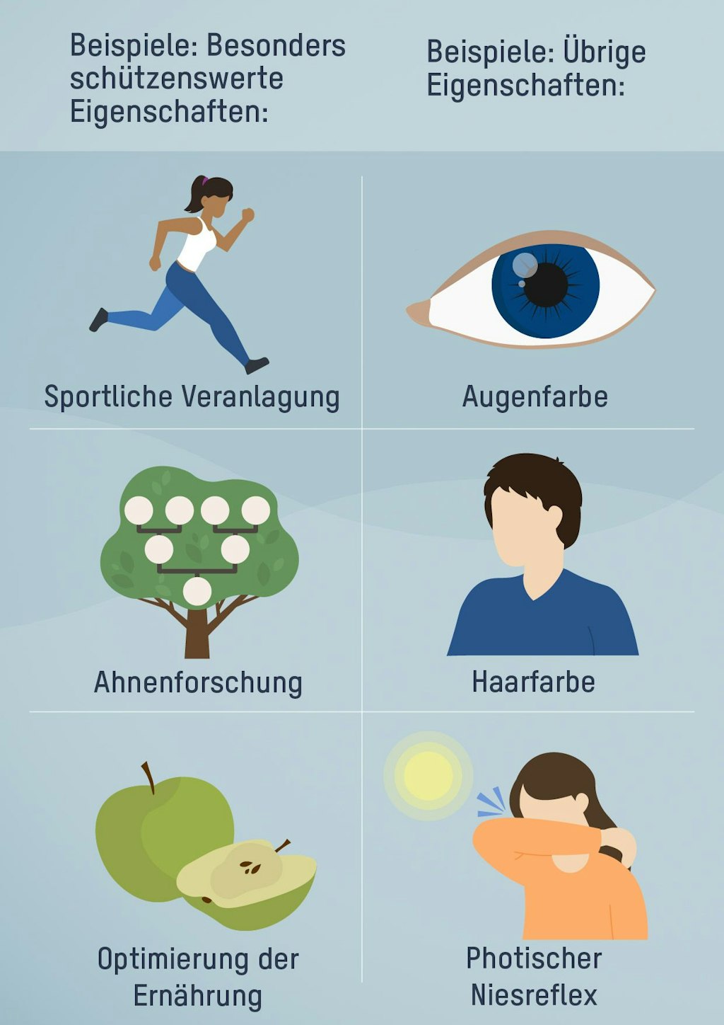 Beispiele: Besonders schützenswerte Eigenschaften. Sportliche Veranlagung, Ahnenforschung, Optimierung der Ernährung. Beispiele: Übrige Eigenschaften. Augenfarbe, Haarfarbe, Photischer Niesreflex.