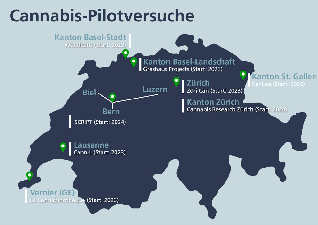 Karte: Bewilligte Pilotversuche in der Schweiz