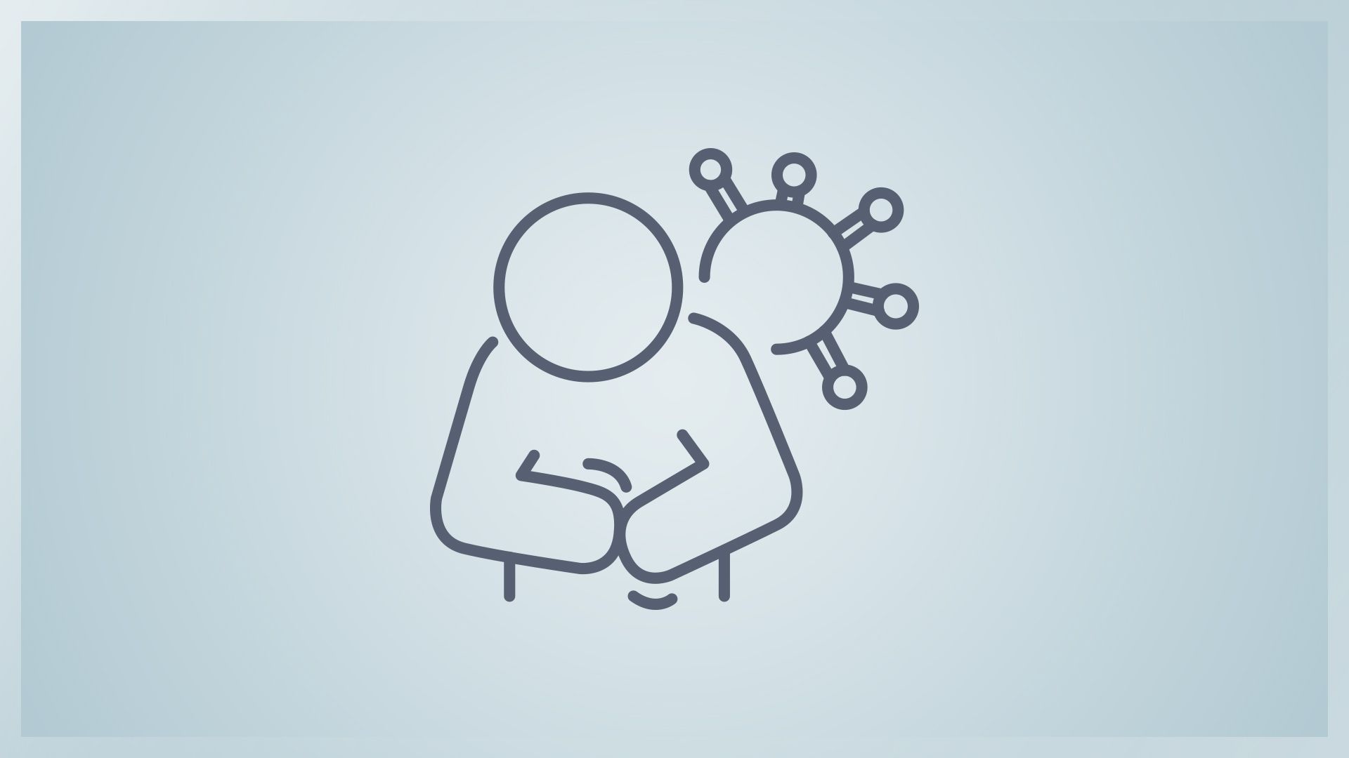 person clutching stomach in front of virus.