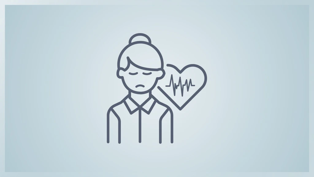 a sad person and a stylized heart with ECG lines.