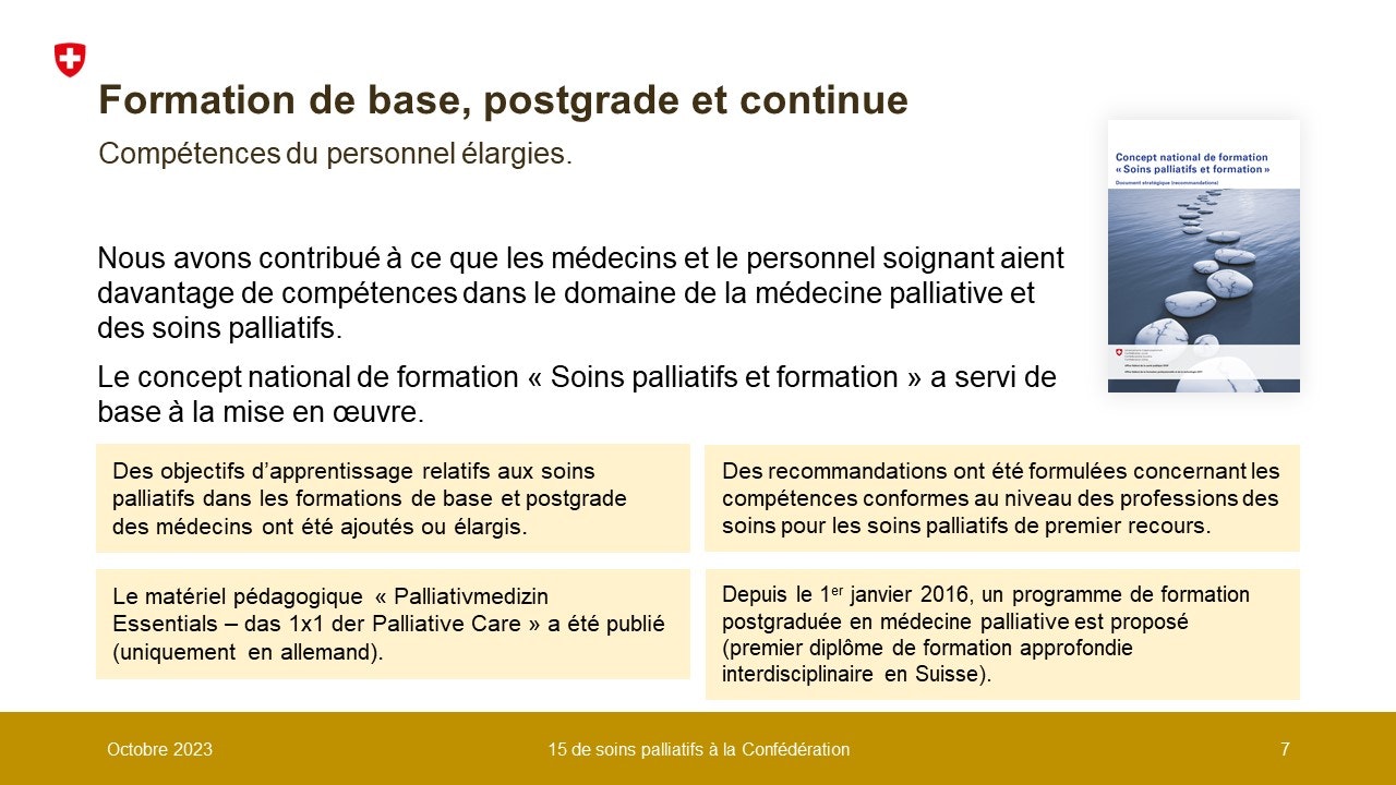 Nous avons contribué à ce que les médecins et le personnel soignant aient davantage de compétences dans le domaine de la médecine palliative et des soins palliatifs. Le concept national de formation « Soins palliatifs et formation » a servi de base à la mise en œuvre.