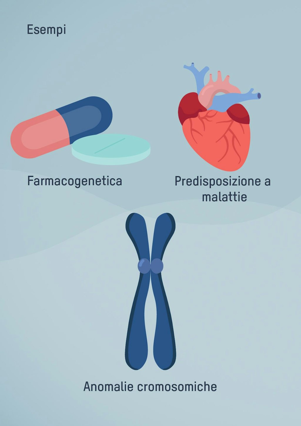 Esempi: Farmacogenetica, Predisposizione a malattie, Anomalie cromosomiche.