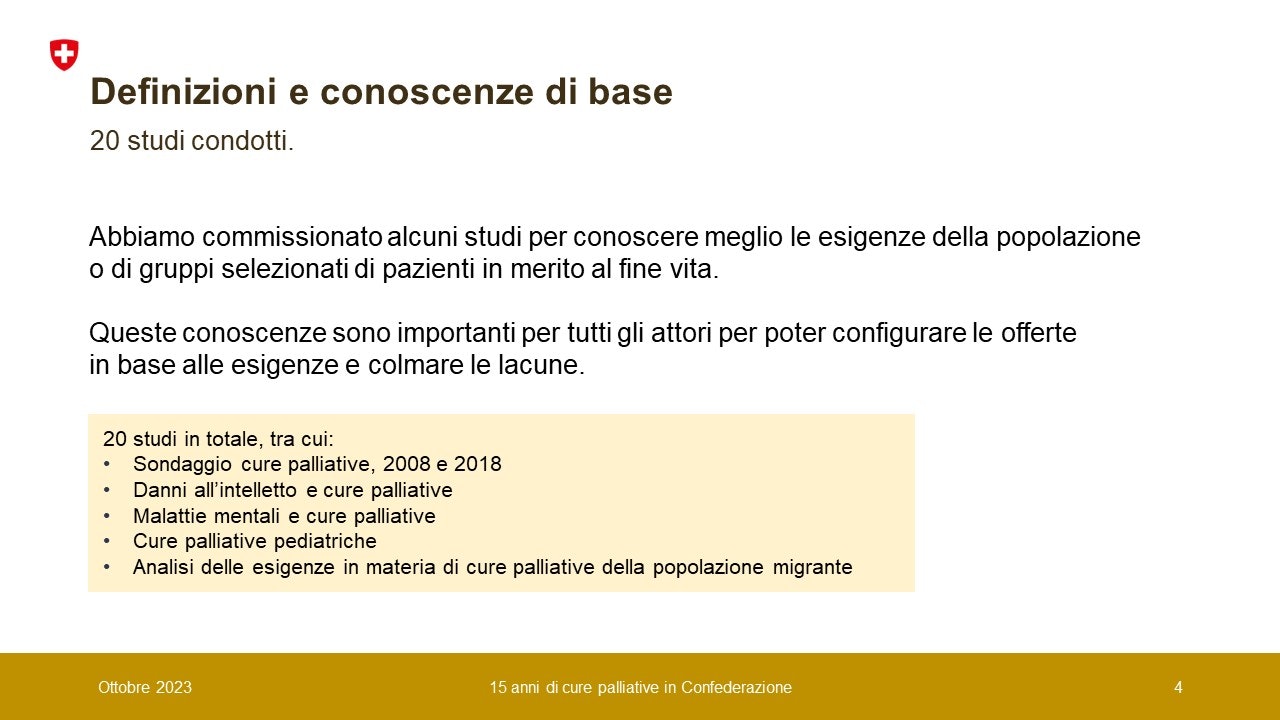 20 studi condotti. Abbiamo commissionato alcuni studi per conoscere meglio le esigenze della popolazione o di gruppi selezionati di pazienti in merito al fine vita. Queste conoscenze sono importanti per tutti gli attori per poter configurare le offerte in base alle esigenze e colmare le lacune.