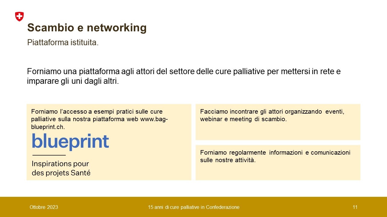 Forniamo una piattaforma agli attori del settore delle cure palliative per mettersi in rete e imparare gli uni dagli altri. Forniamo l’accesso a esempi pratici sulle cure palliative sulla nostra piattaforma web www.bag-blueprint.ch. Facciamo incontrare gli attori organizzando eventi, webinar e meeting di scambio. 